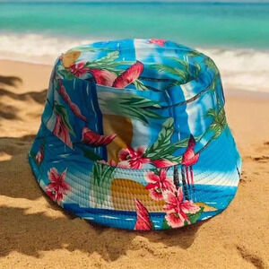 Boutique Handcrafted OSFM Vibrant Tropical Island Floral Flamingo Bucket Hat
